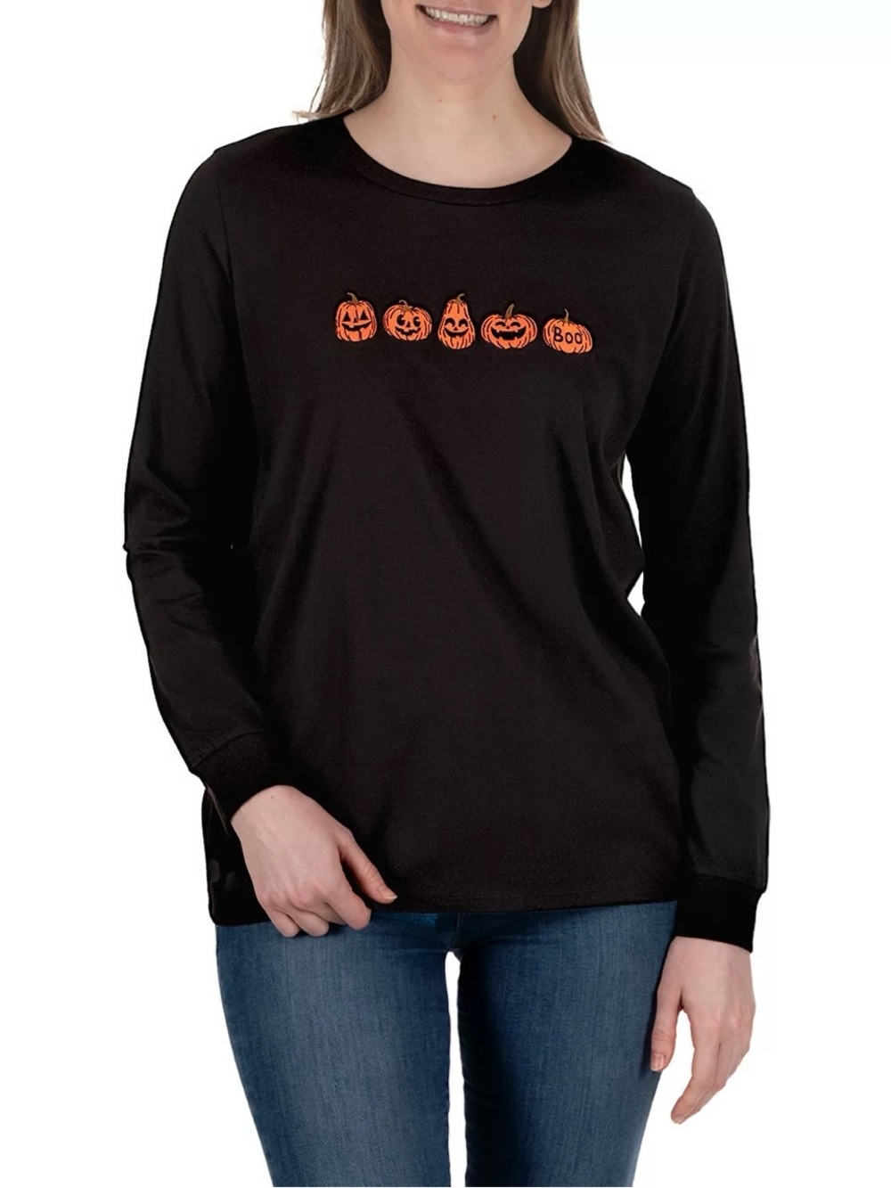 NWT State of Mine Women's Embroidered Jack-O-Lantern Long Sleeve Tee